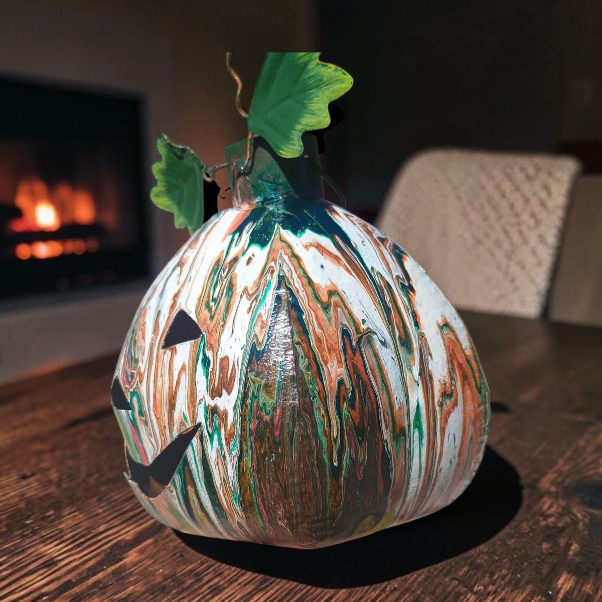 Halloween Jack-o'-Lantern Decor – Hand-Poured Acrylic Art on Upcycled Metal Pumpkin with Tealight | One of a Kind
