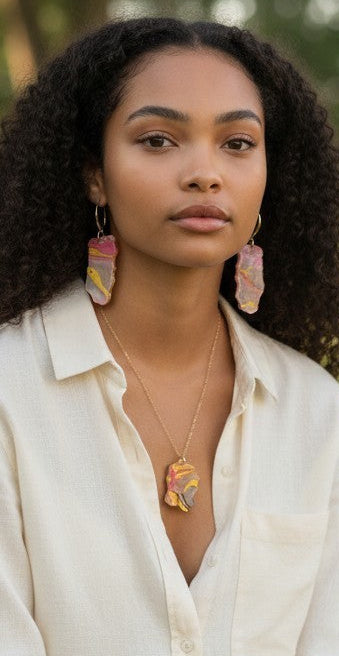 Handmade Pink & Gold Resin Dangle Earrings — Marbled Stone Look | Matching Pendant Available | Style By Jess