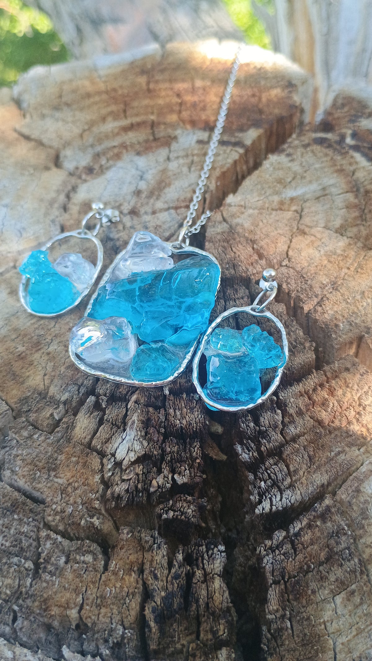 Ocean Sea Glass Blue Dangle Earrings & Pendant Necklace Set — Handmade Resin Beach Jewelry | Style By Jess