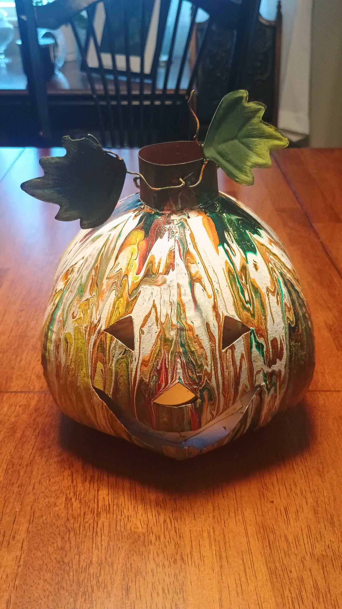 Halloween Jack-o'-Lantern Decor – Hand-Poured Acrylic Art on Upcycled Metal Pumpkin with Tealight | One of a Kind