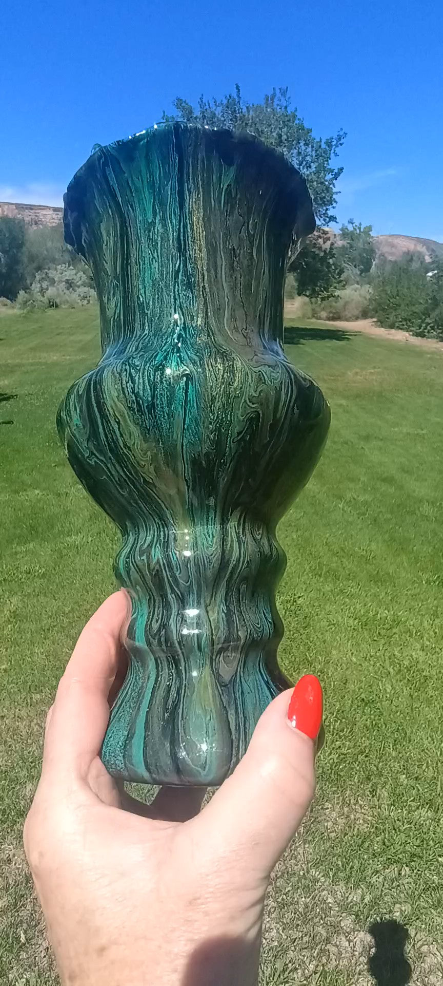 Fluid Art Glass Vase | Teal Green & Gold | Handmade Signed Original | 8" Decorative Vase | Style By Jess