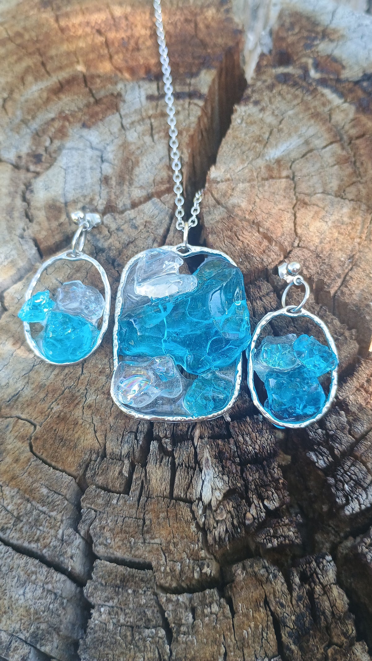 Ocean Sea Glass Blue Dangle Earrings & Pendant Necklace Set — Handmade Resin Beach Jewelry | Style By Jess