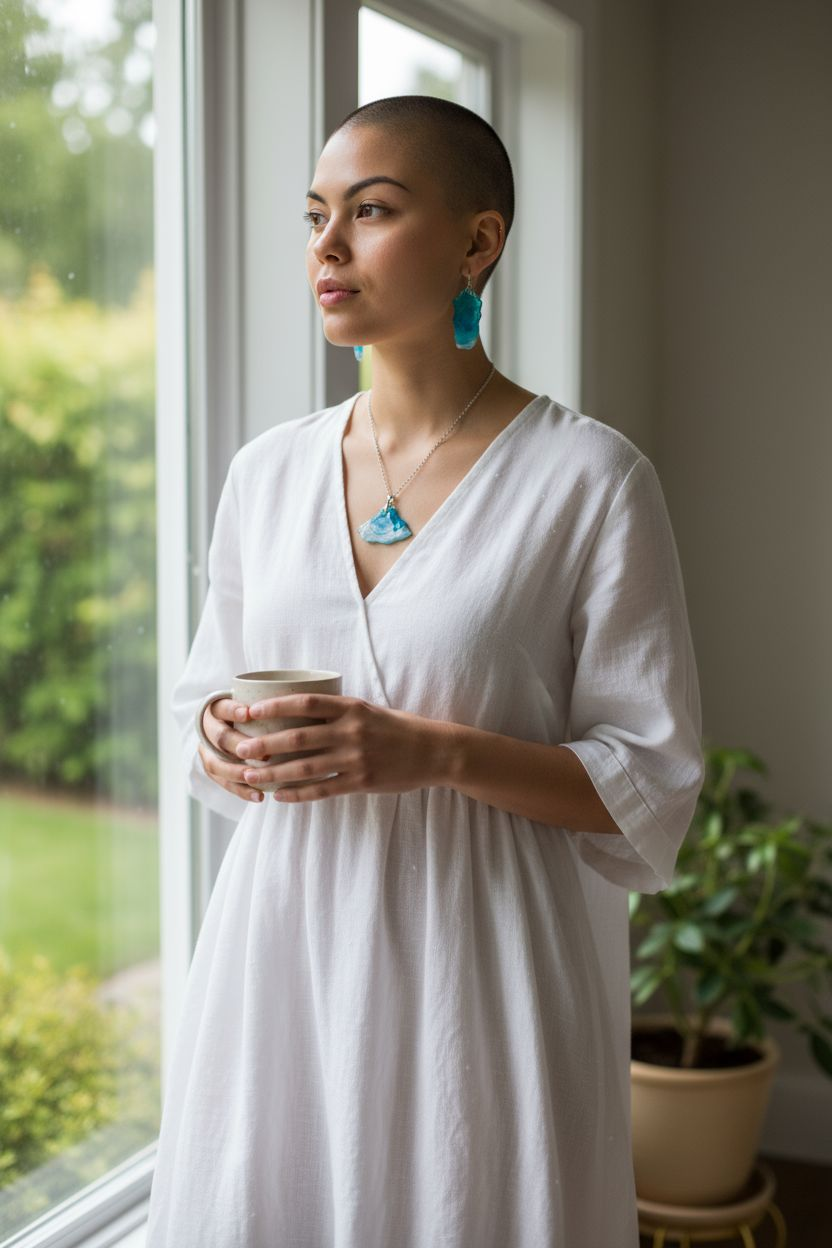 Woman in a white dress wearing blue and white dangle earrings and a matching necklace holding a cup, standing by a window with greenery outside.