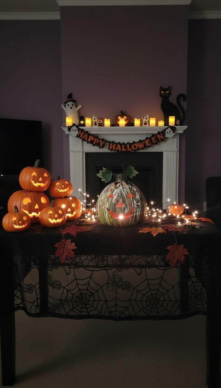 Halloween Jack-o'-Lantern Decor – Hand-Poured Acrylic Art on Upcycled Metal Pumpkin with Tealight | One of a Kind