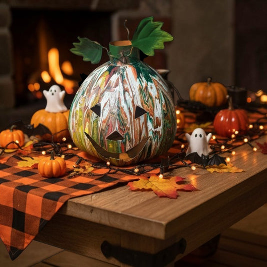 Halloween Jack-o'-Lantern Decor – Hand-Poured Acrylic Art on Upcycled Metal Pumpkin with Tealight | One of a Kind