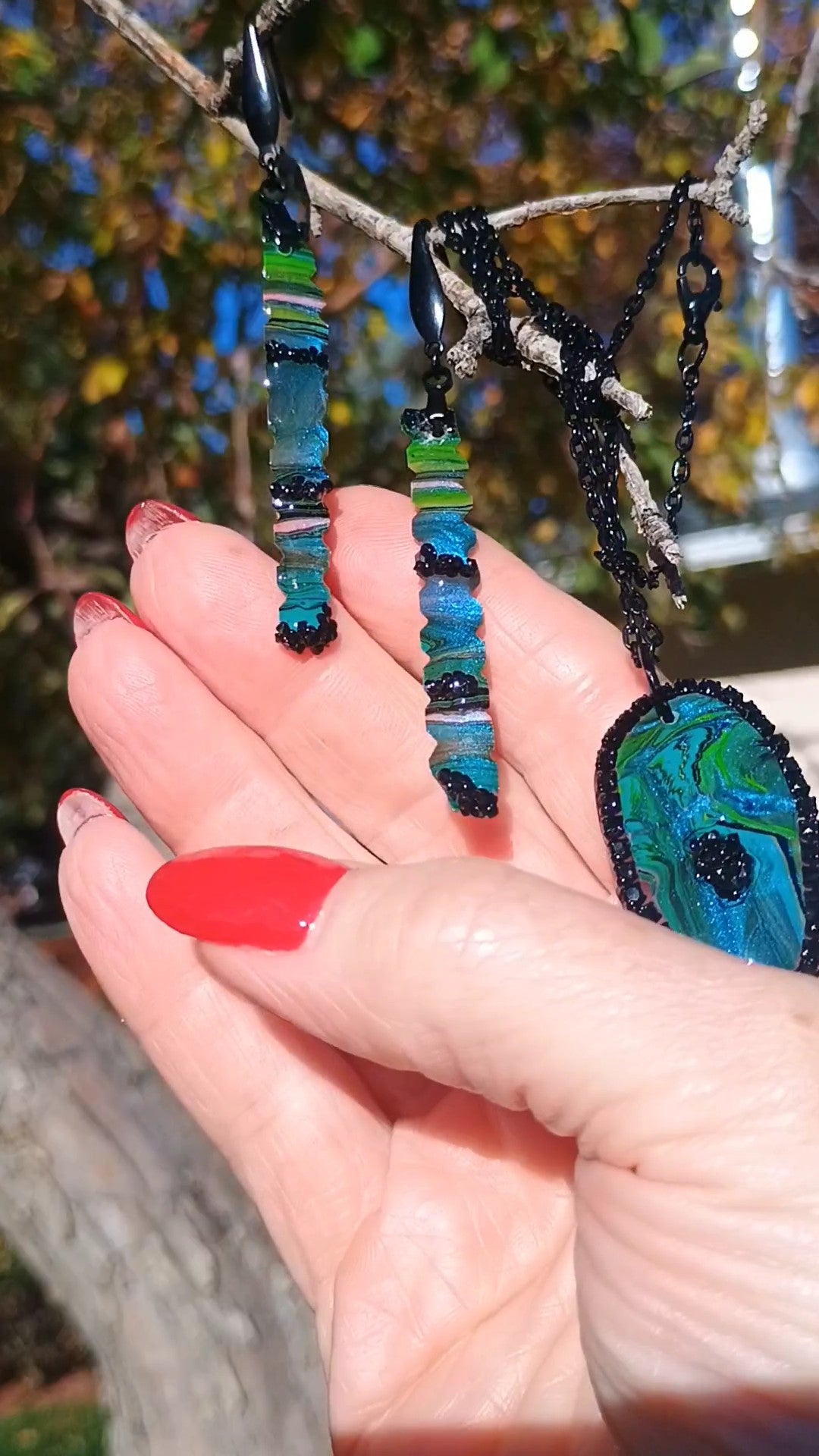 Necklace and Earring Set – Blue & Green Handmade Art Jewelry with Black Crystals