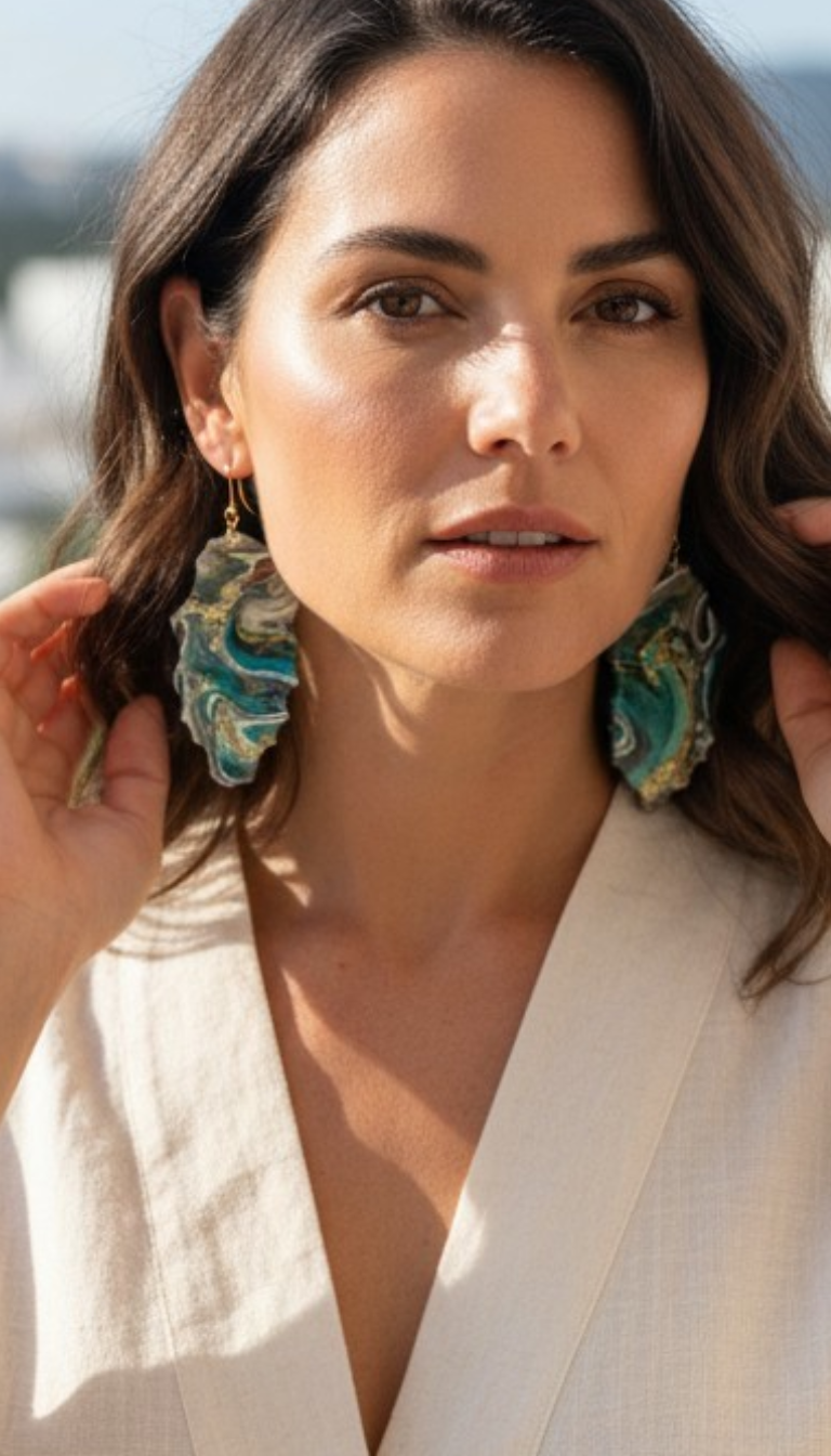 Woman wearing large, decorative earrings with a blurred background
