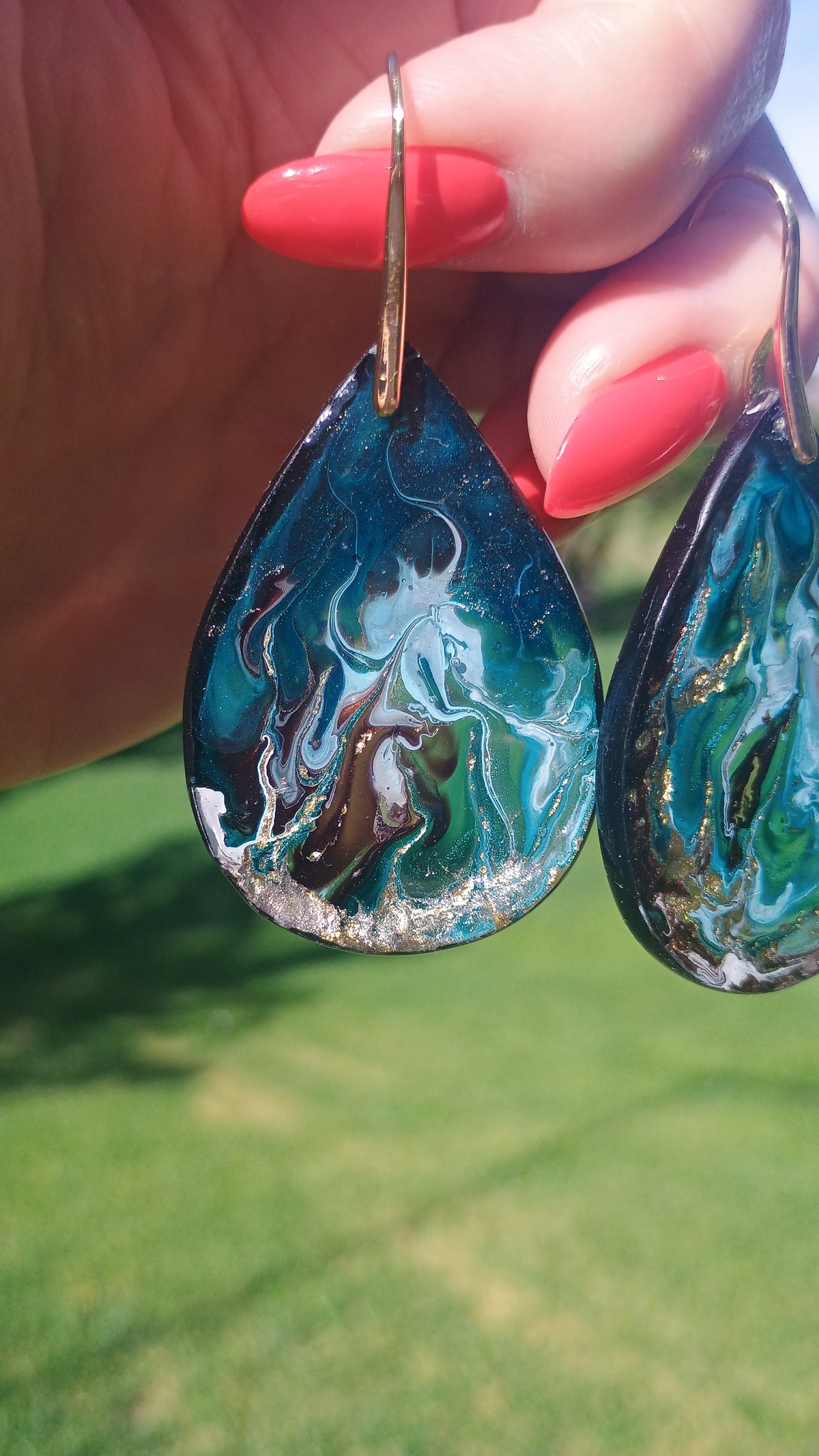 Dangle Earrings Fashionable Emerald Noir Resin Drop Earrings — Handmade with 18K Gold Plated Hardware