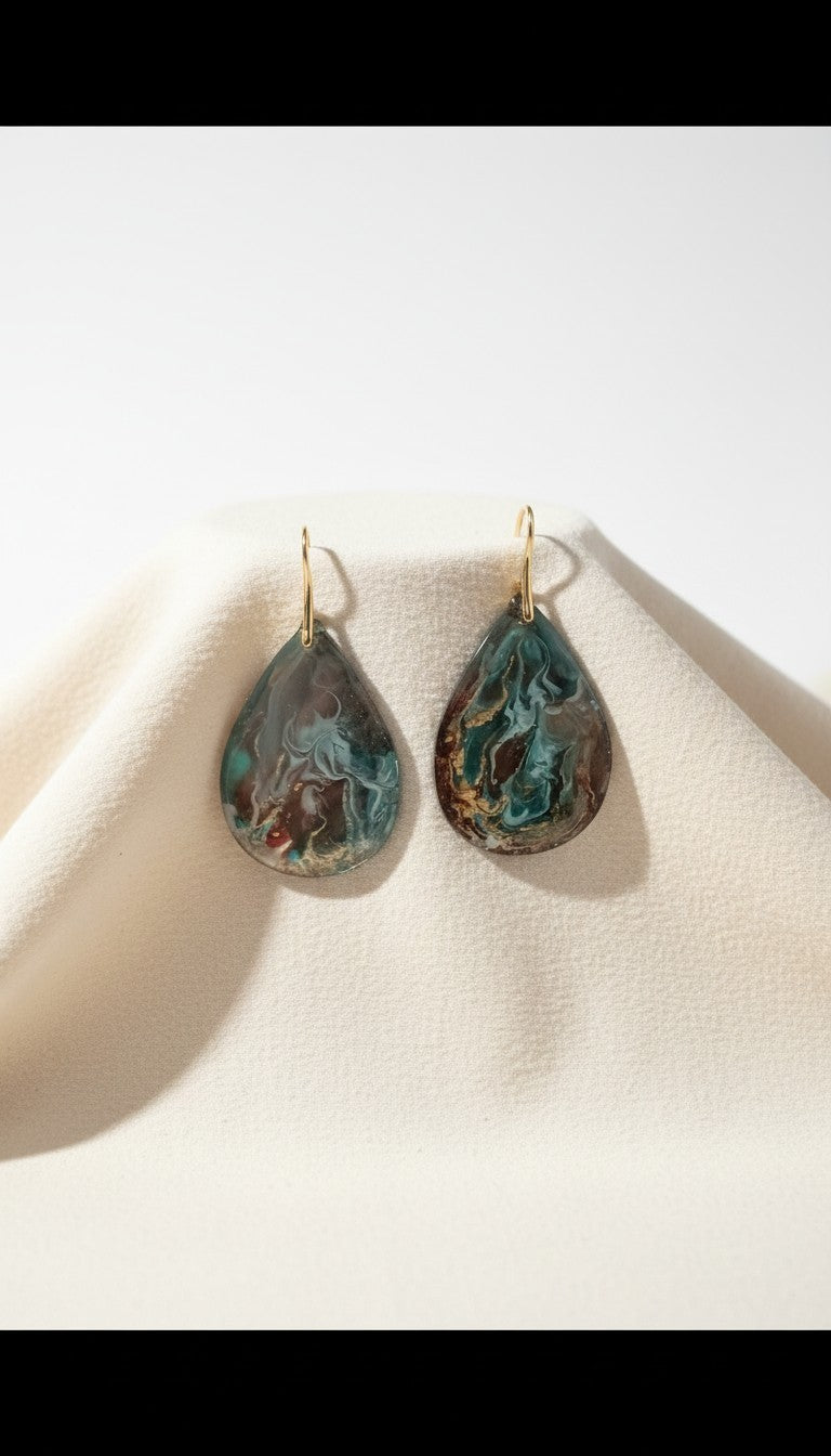 Dangle Earrings Fashionable Emerald Noir Resin Drop Earrings — Handmade with 18K Gold Plated Hardware