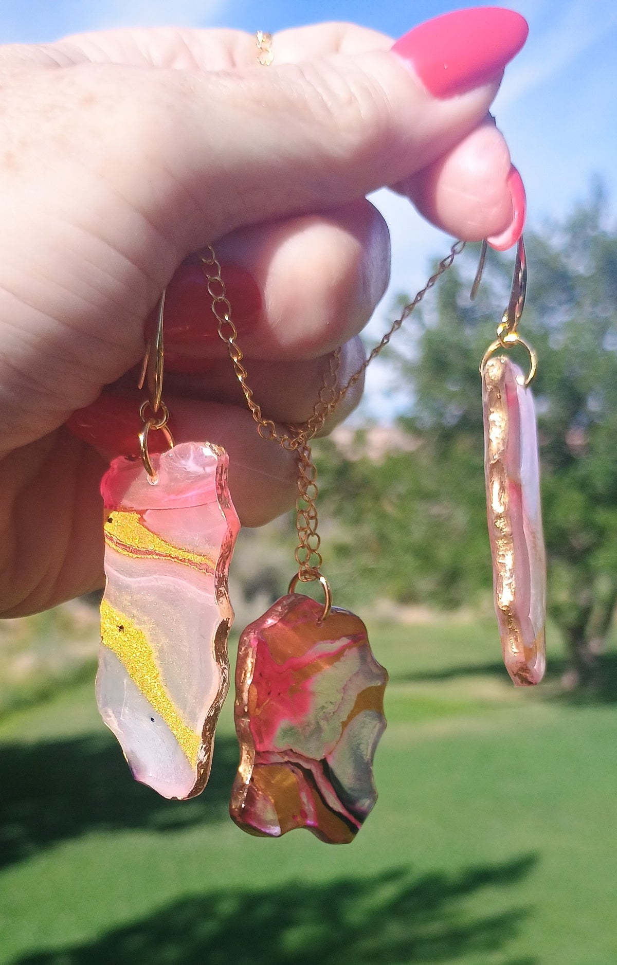 Handmade Pink & Gold Resin Dangle Earrings — Marbled Stone Look | Matching Pendant Available | Style By Jess