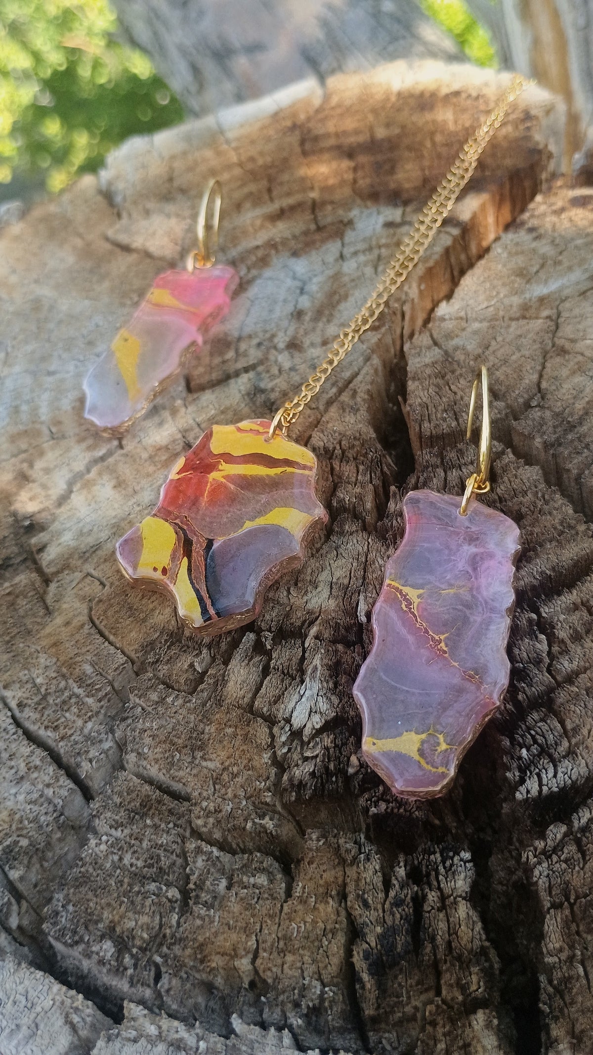 Handmade Pink & Gold Resin Dangle Earrings — Marbled Stone Look | Matching Pendant Available | Style By Jess