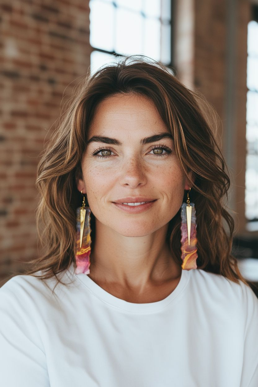 Woman wearing colorful earrings with a brick wall background