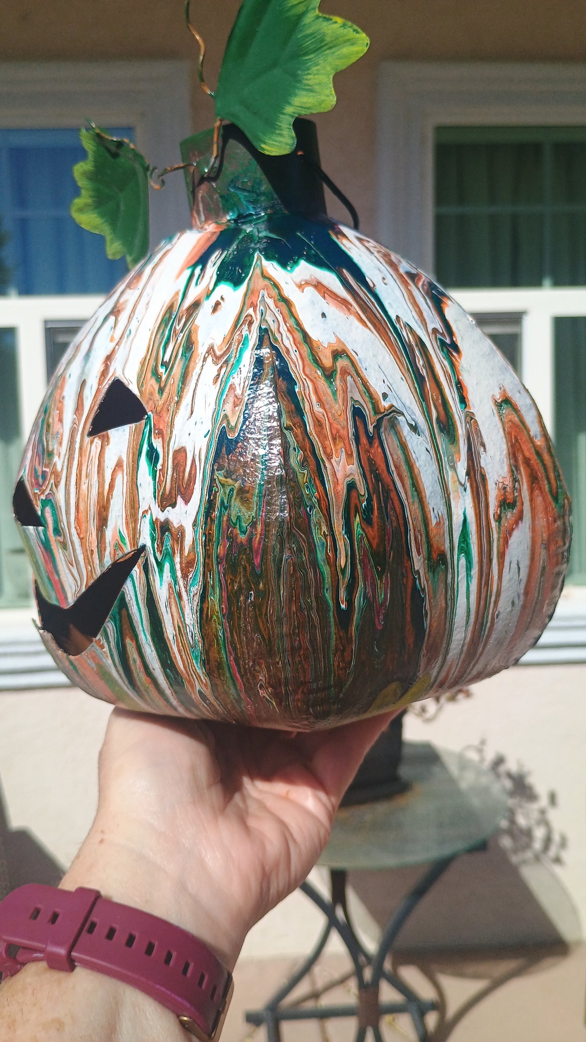 Halloween Jack-o'-Lantern Decor – Hand-Poured Acrylic Art on Upcycled Metal Pumpkin with Tealight | One of a Kind