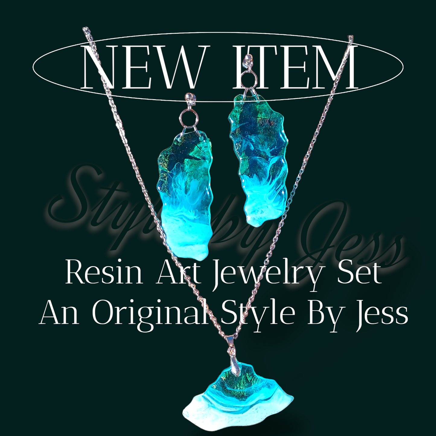 Resin art jewelry set with blue and white resin on a dark background, labeled 'New Item' and 'An Original Style By Jess' at Gotta Have It Design.