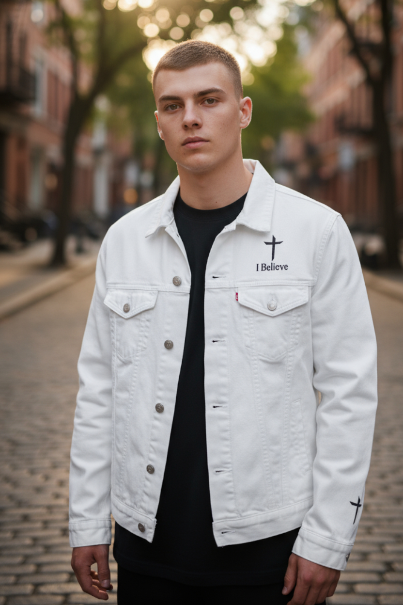 Christian Denim Jacket I Believe - Embroidered Cross Jean Jacket Gift