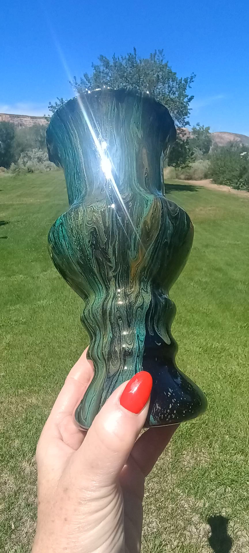 Fluid Art Glass Vase | Teal Green & Gold | Handmade Signed Original | 8" Decorative Vase | Style By Jess