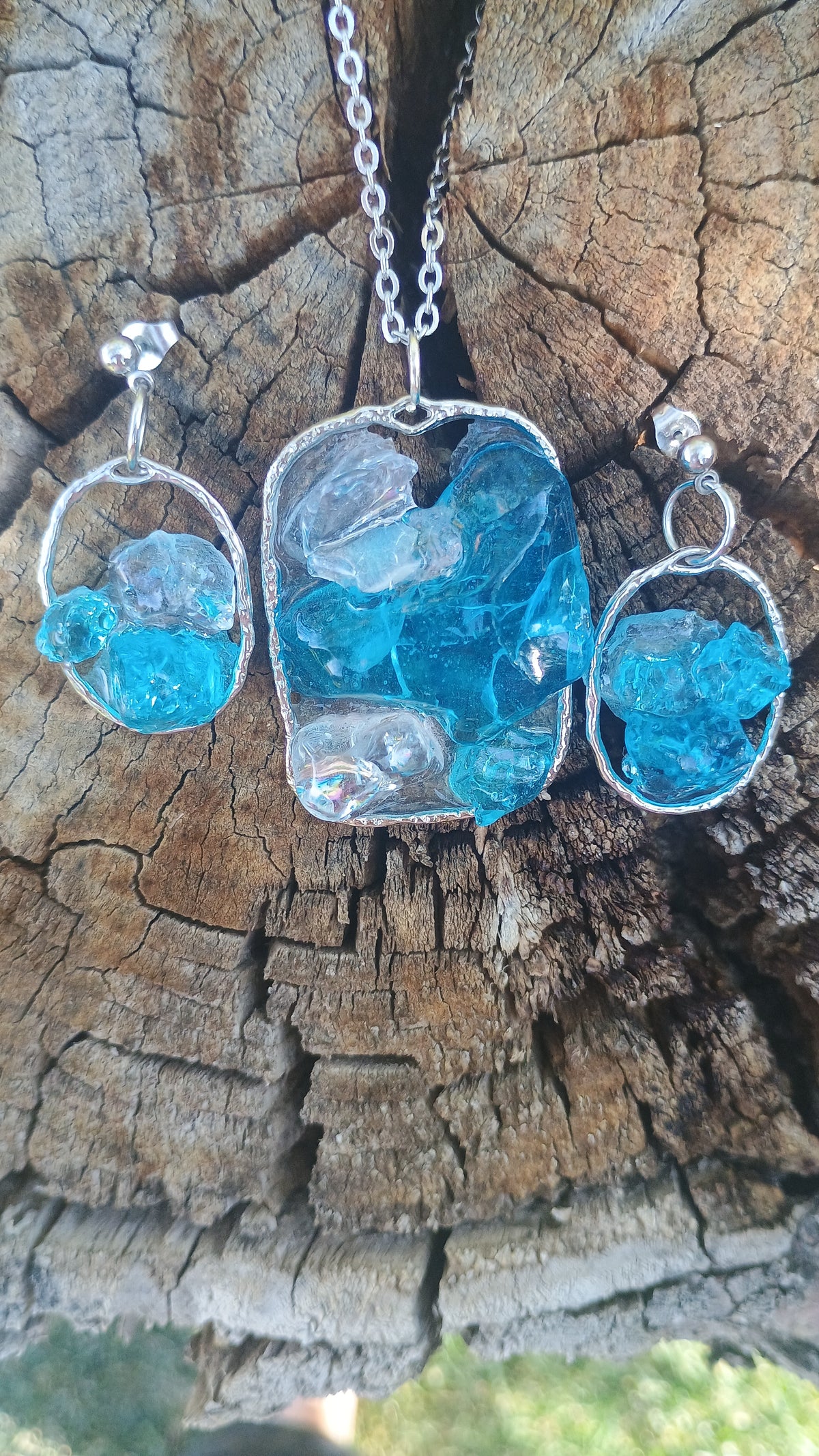 Ocean Sea Glass Blue Dangle Earrings & Pendant Necklace Set — Handmade Resin Beach Jewelry | Style By Jess