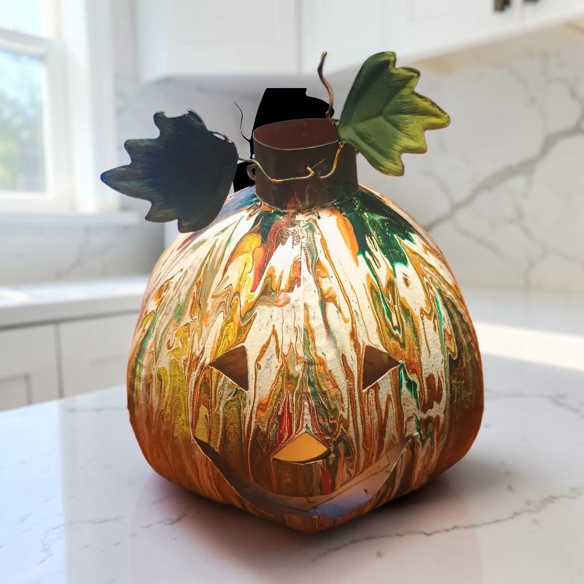 Halloween Jack-o'-Lantern Decor – Hand-Poured Acrylic Art on Upcycled Metal Pumpkin with Tealight | One of a Kind
