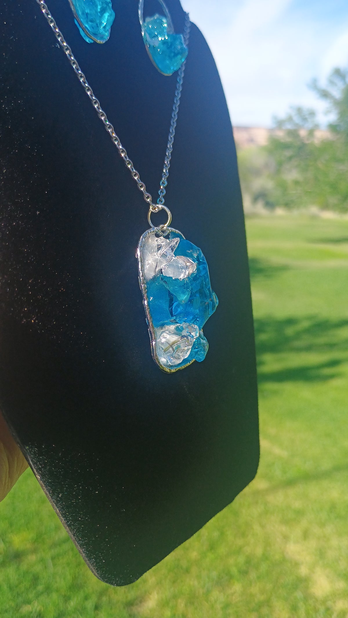 Ocean Sea Glass Blue Dangle Earrings & Pendant Necklace Set — Handmade Resin Beach Jewelry | Style By Jess