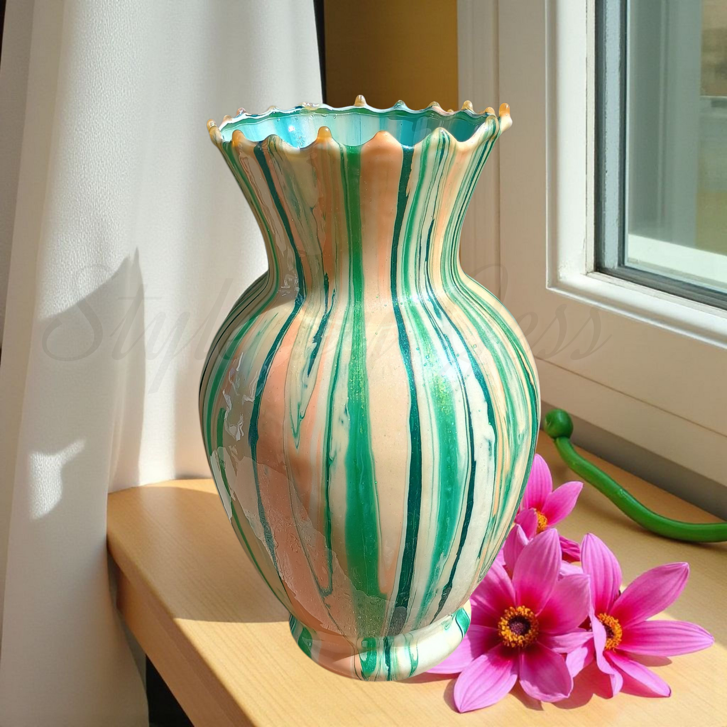 Handmade Green Glass Vase - Boho Abstract Art Design | Perfect Wedding & Home Decor Gift