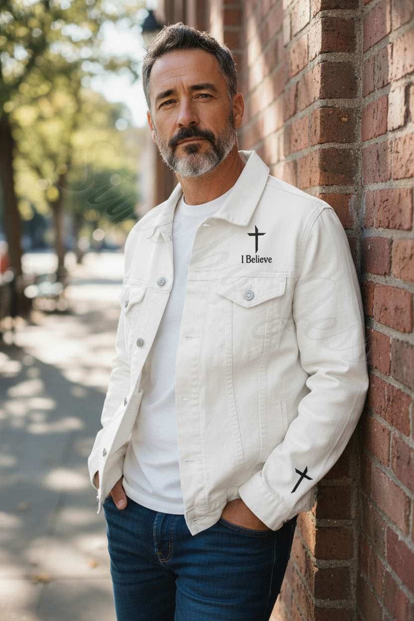 Christian Denim Jacket I Believe - Embroidered Cross Jean Jacket Gift