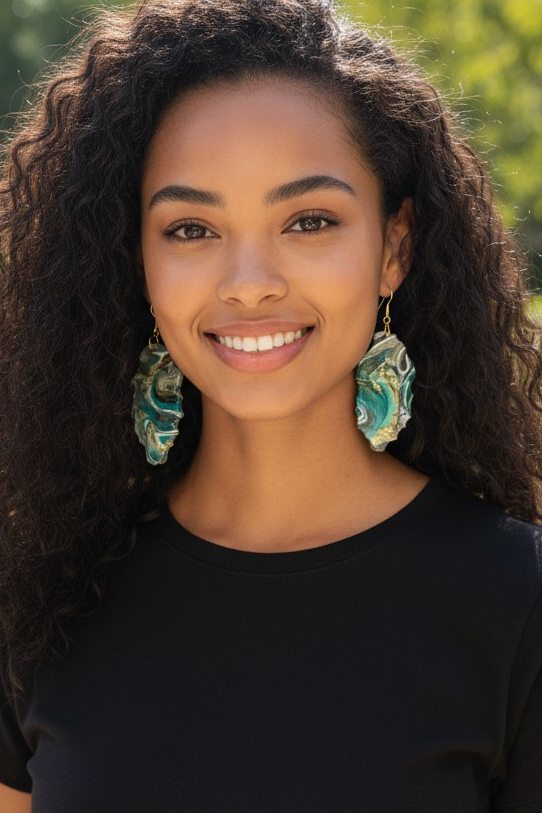 Woman wearing a black t-shirt with custom handmade earrings outdoors