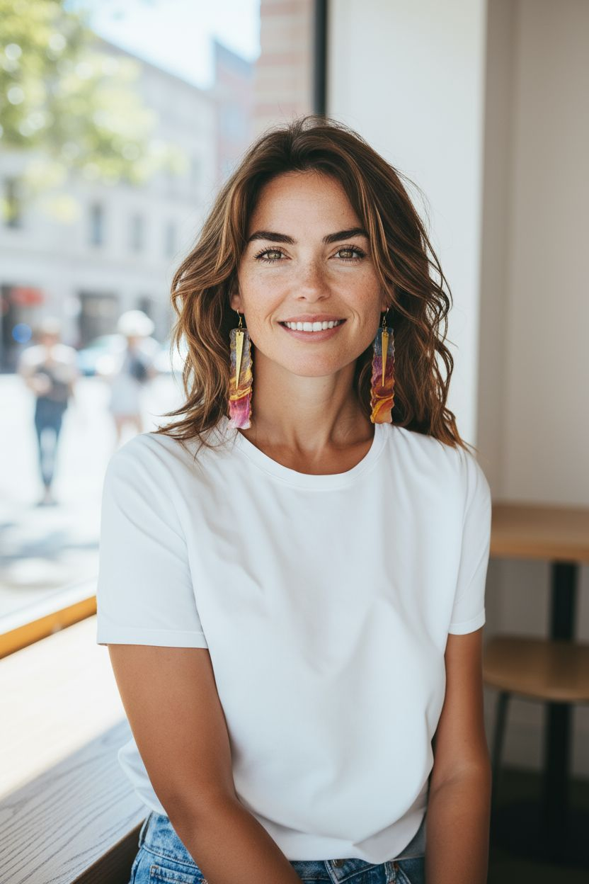 Woman wearing a white t-shirt and colorful earrings indoors