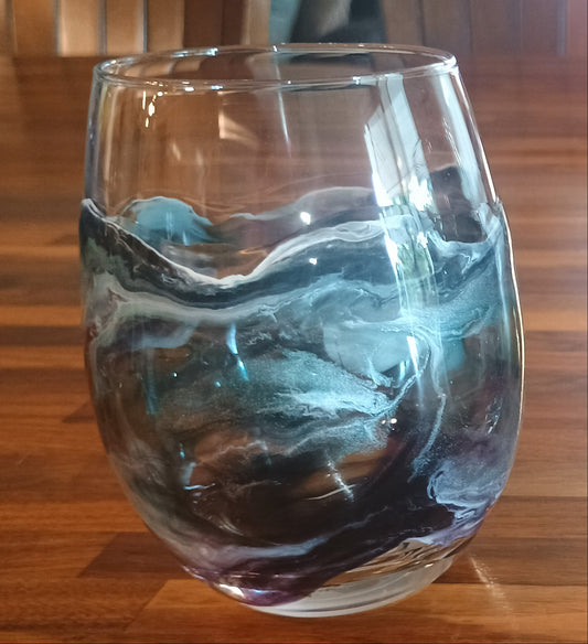 Stemless Wine Glass | Handmade Teal, Purple & Silver Resin Abstract Art | Unique Gift for Wine Lovers