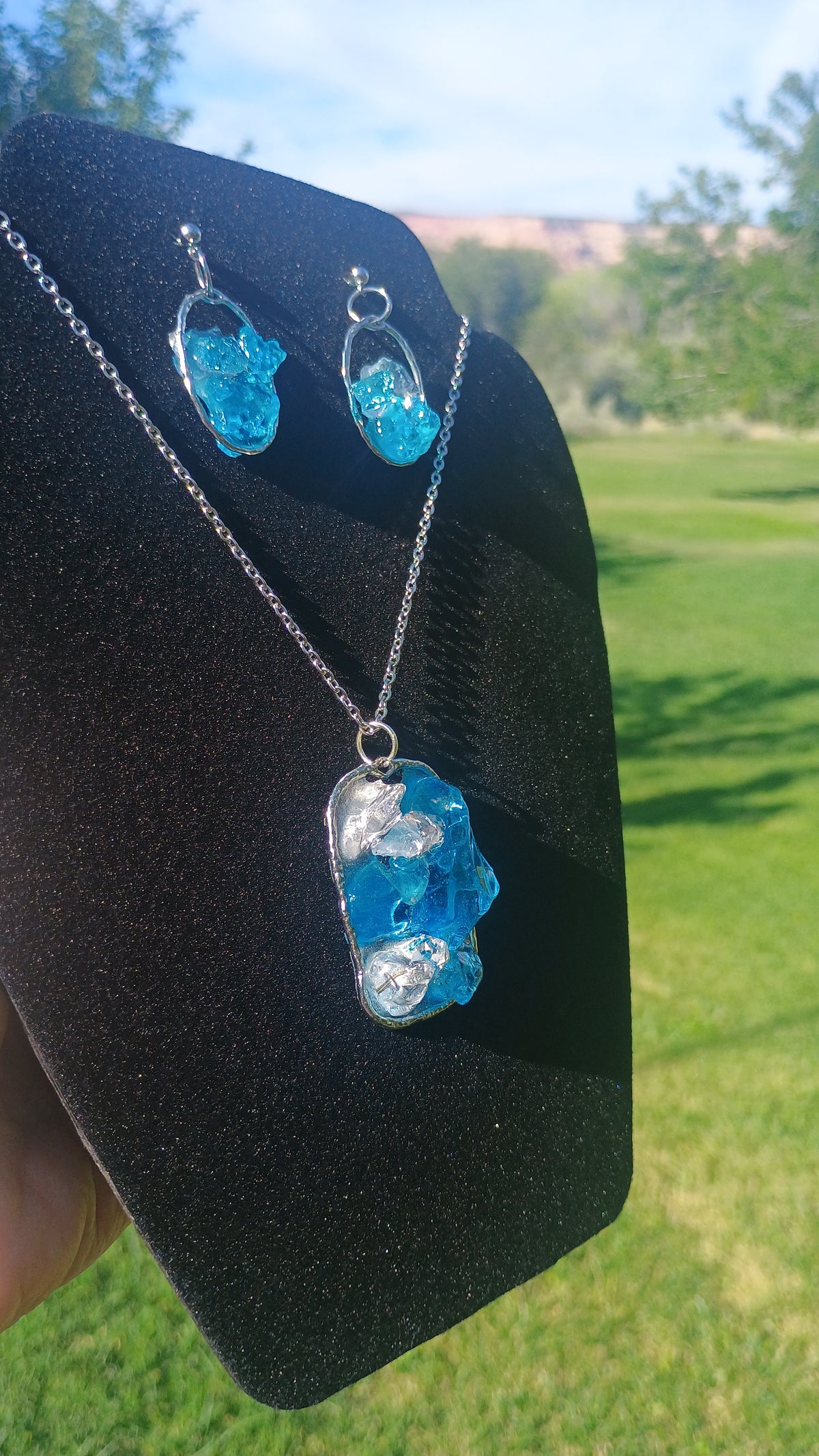 Ocean Sea Glass Blue Dangle Earrings & Pendant Necklace Set — Handmade Resin Beach Jewelry | Style By Jess