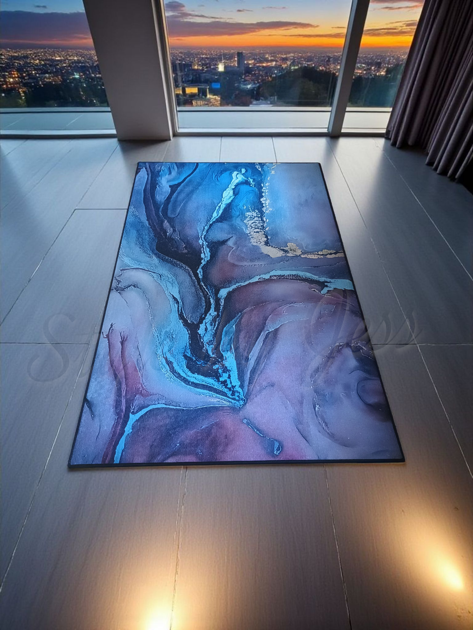 Colorful abstract rug on a tiled floor with a cityscape view through large windows.