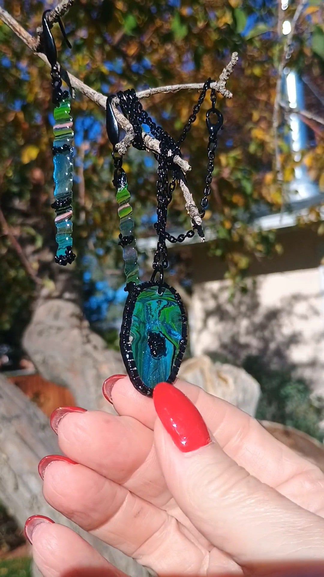 Necklace and Earring Set – Blue & Green Handmade Art Jewelry with Black Crystals
