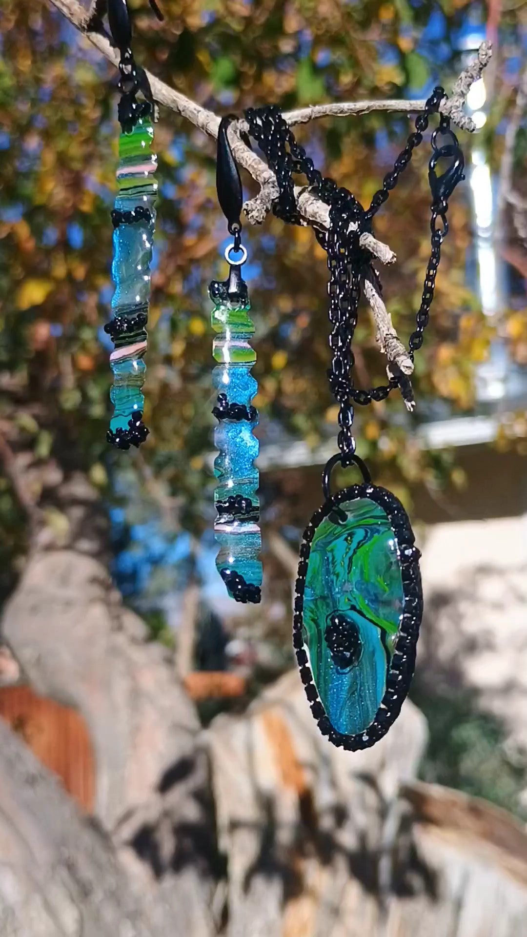 Necklace and Earring Set – Blue & Green Handmade Art Jewelry with Black Crystals