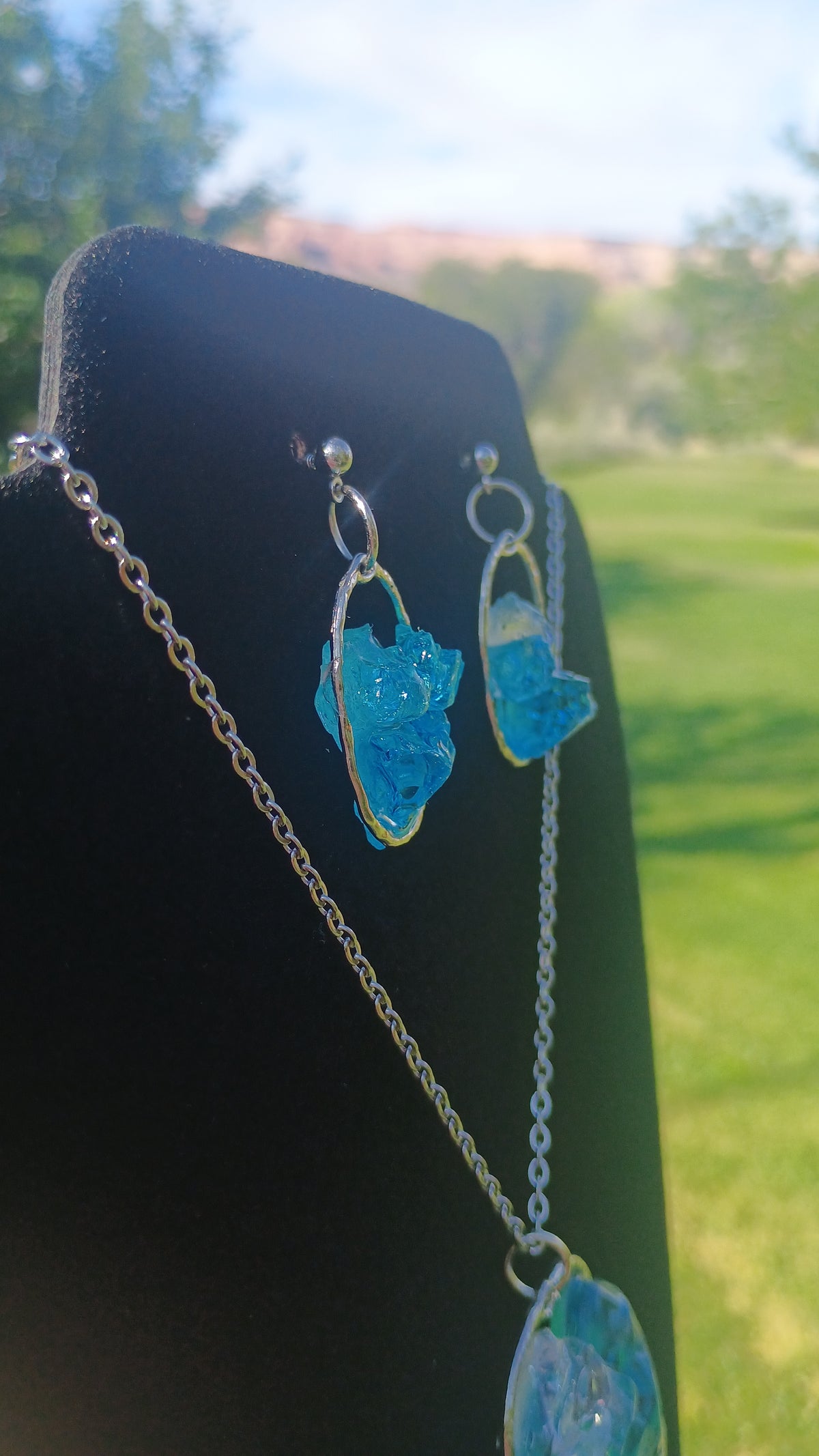 Ocean Sea Glass Blue Dangle Earrings & Pendant Necklace Set — Handmade Resin Beach Jewelry | Style By Jess