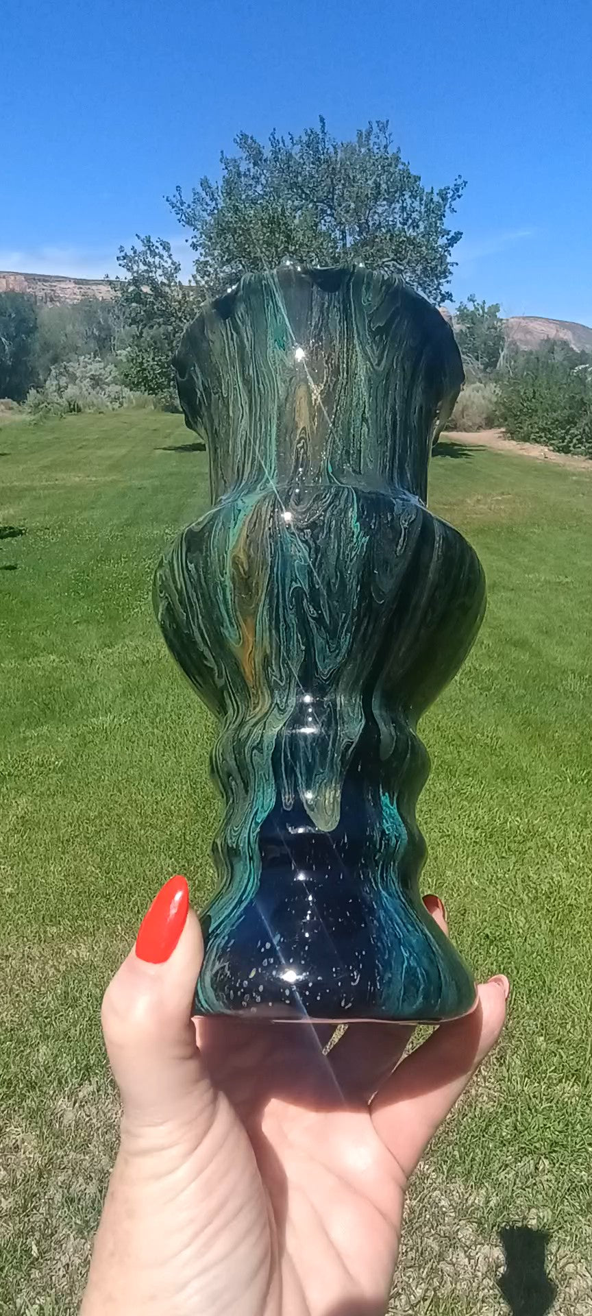 Fluid Art Glass Vase | Teal Green & Gold | Handmade Signed Original | 8" Decorative Vase | Style By Jess