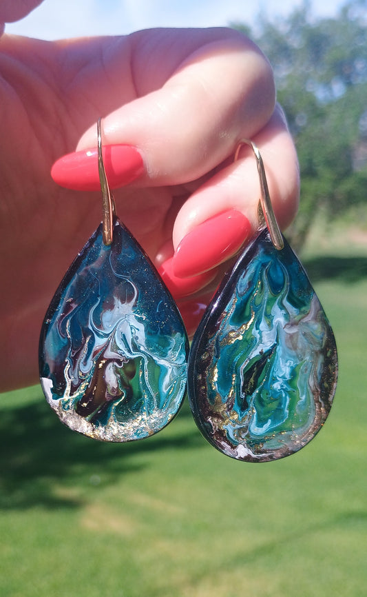 Dangle Earrings Fashionable Emerald Noir Resin Drop Earrings — Handmade with 18K Gold Plated Hardware