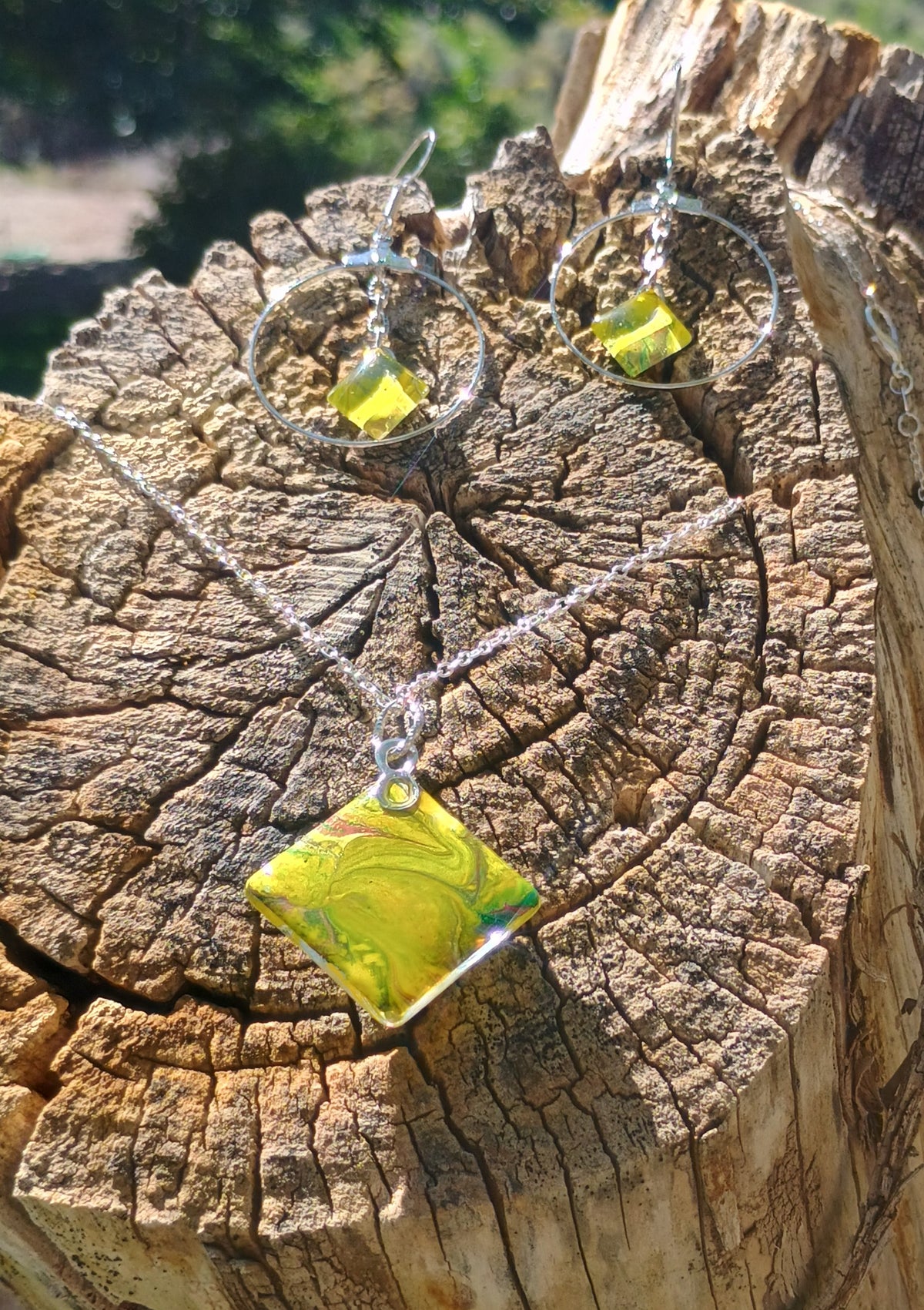 Yellow Necklace & Earring Set – Handmade Pendant and Hoop Dangle Earrings