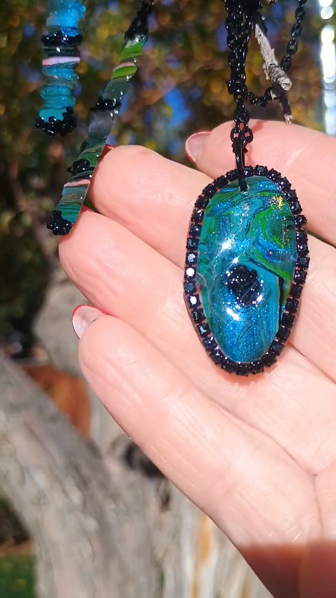 Necklace and Earring Set – Blue & Green Handmade Art Jewelry with Black Crystals