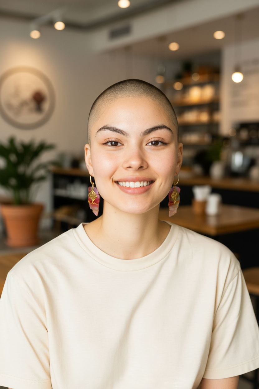 Woman with a shaved head smiling in a casual setting