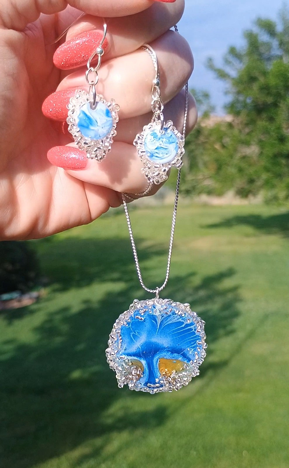 Tree of Life Jewelry Set | Blue Resin Pendant Necklace & Crystal Earrings | Handmade Fluid Art | Gift for Her