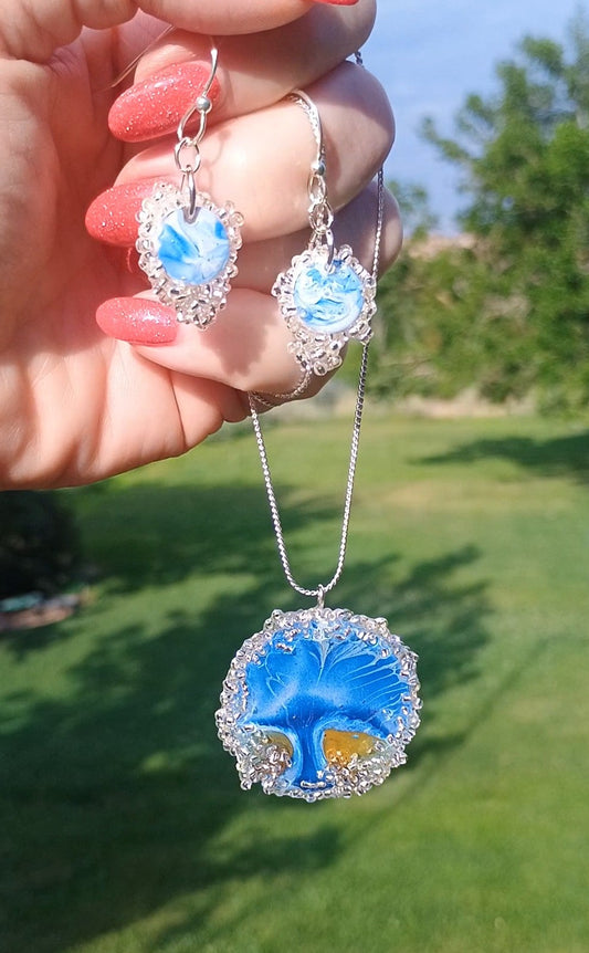 Tree of Life Jewelry Set | Blue Resin Pendant Necklace & Crystal Earrings | Handmade Fluid Art | Gift for Her