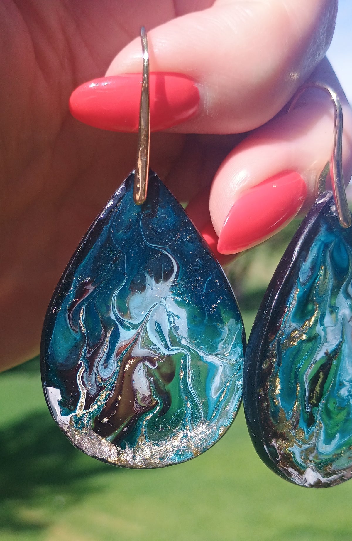 Dangle Earrings Fashionable Emerald Noir Resin Drop Earrings — Handmade with 18K Gold Plated Hardware