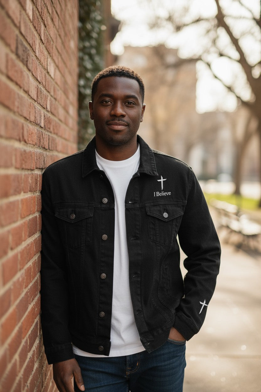 Man wearing a black jacket with a cross design, standing against a brick wall outdoors.