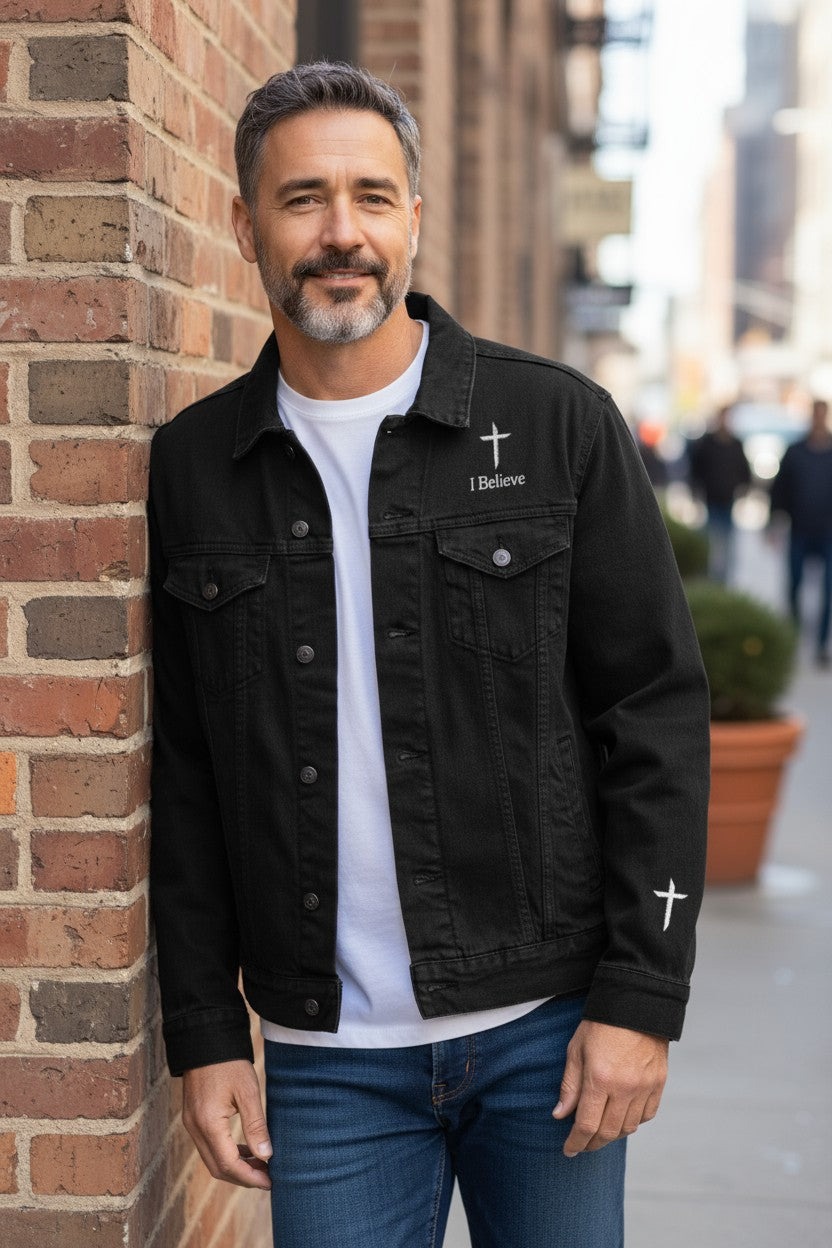 Man wearing a black denim jacket with cross designs, standing against a brick wall in an urban setting.