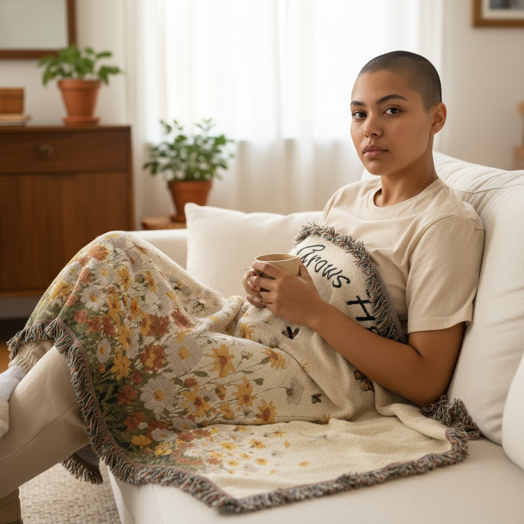 Woman sitting on a couch holding a mug, wrapped in a floral blanket in a cozy living room minimalist decor.