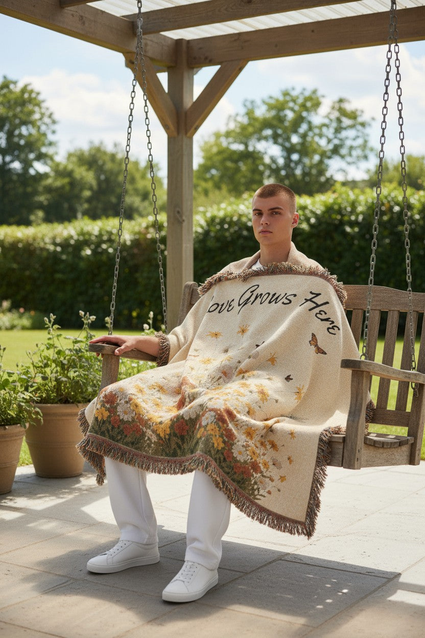 Man sitting on a swing with a floral blanket draped over him, outdoors. Gift idea