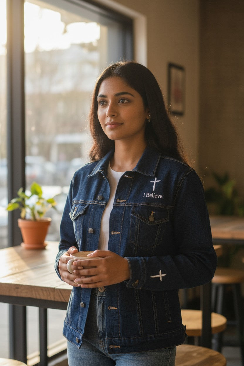 Woman wearing a blue denim jacket with a cross and 'I Believe' text in a casual setting.