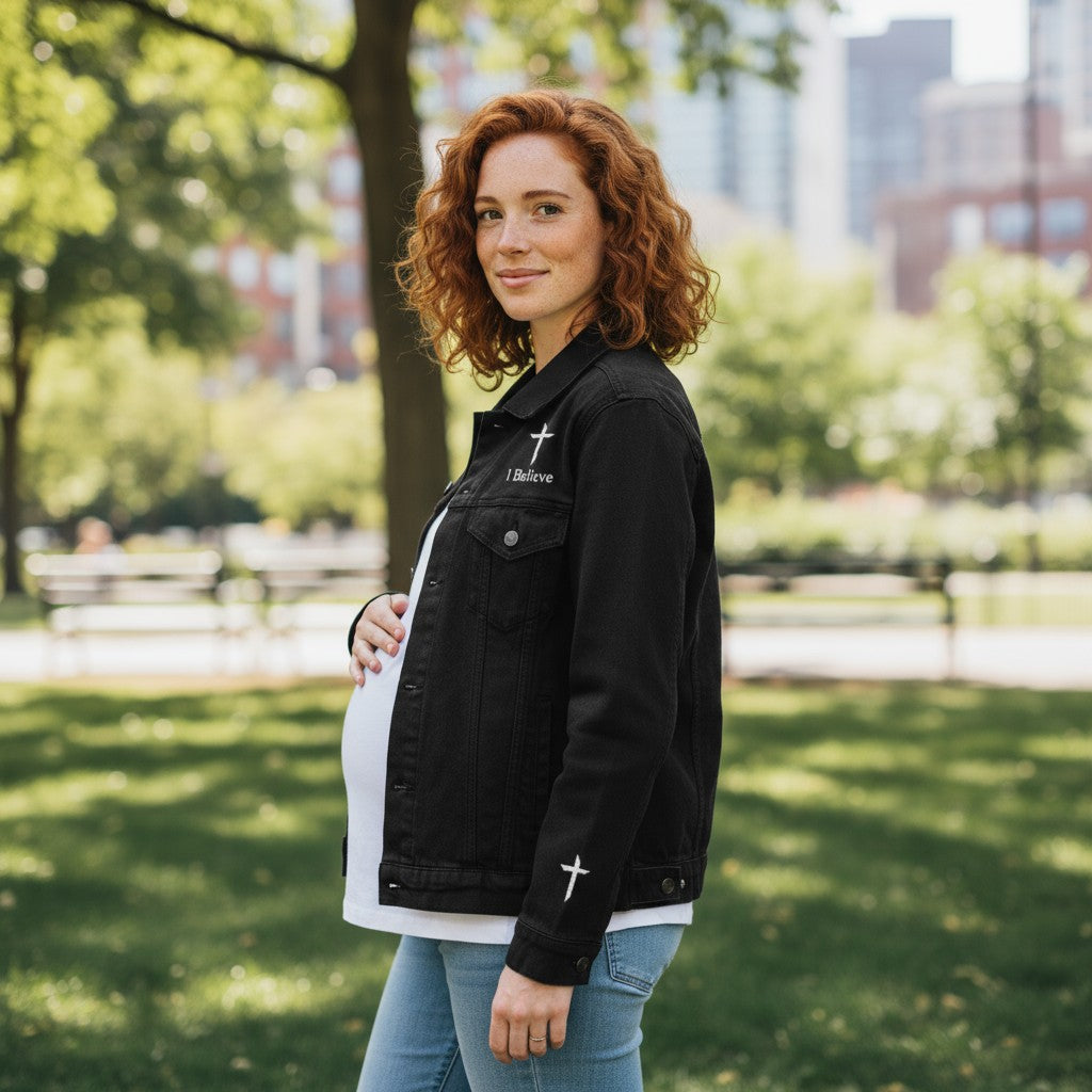 Woman standing in a park wearing a black jacket with a cross design.