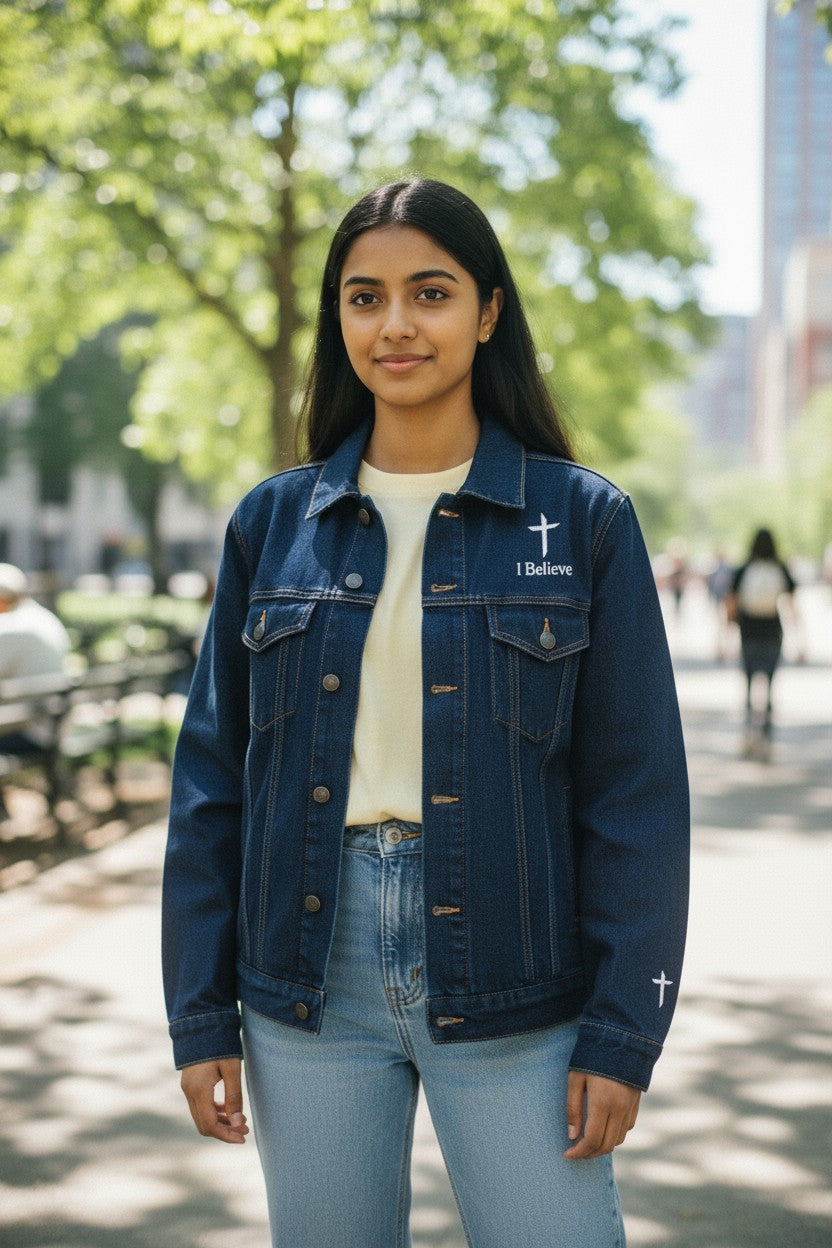 Woman wearing a blue denim jacket with 'I Believe' text in an outdoor setting