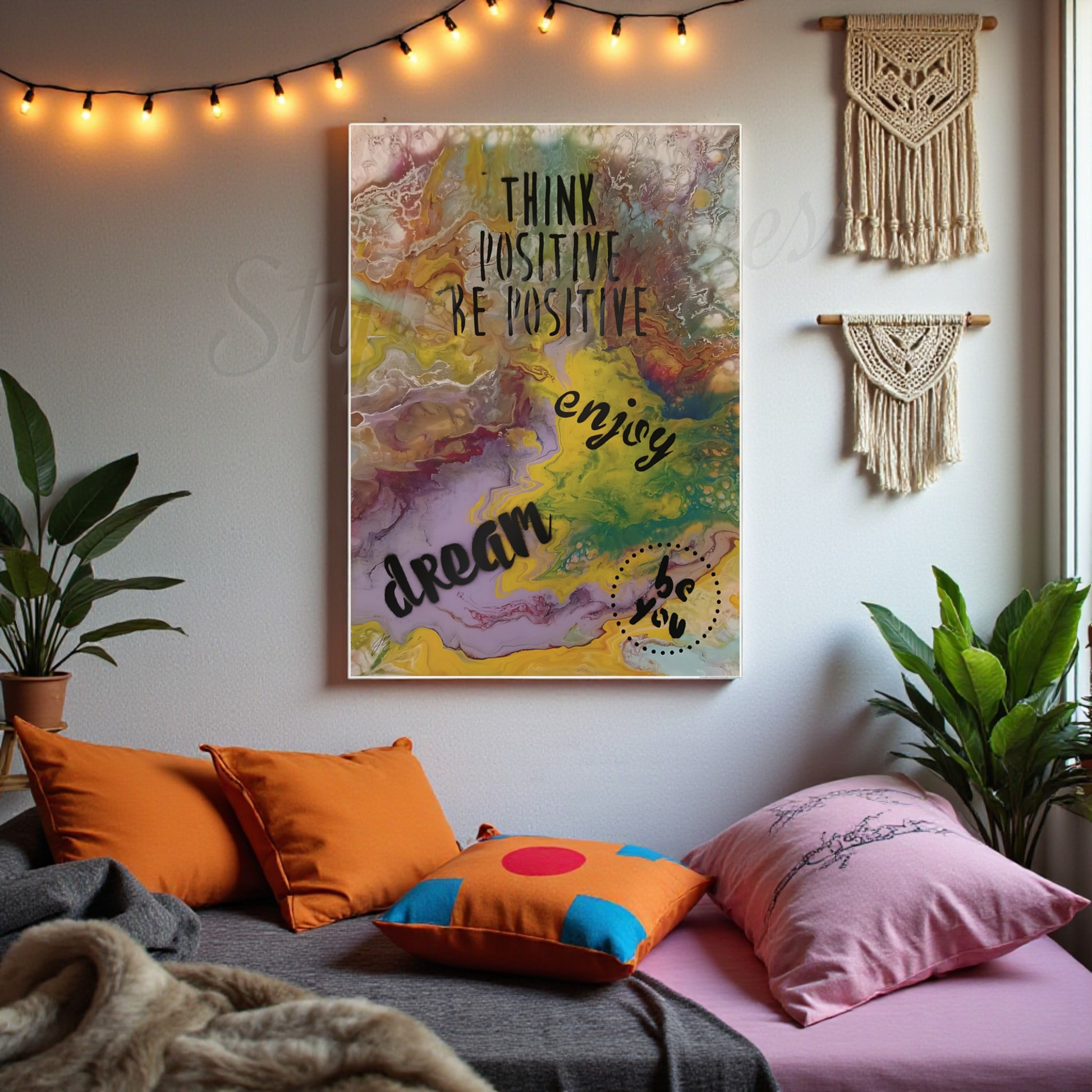 Decorative bedroom with motivational poster, colorful pillows, and string lights a Style By Jess