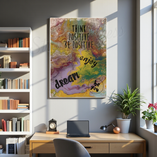 Colorful motivational poster on a wall above a desk with books and plants.